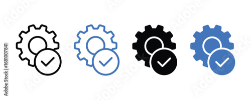 Easy installation icon set. Gear and check mark repair icon vector. Quick setup illustrations for technology and appliances