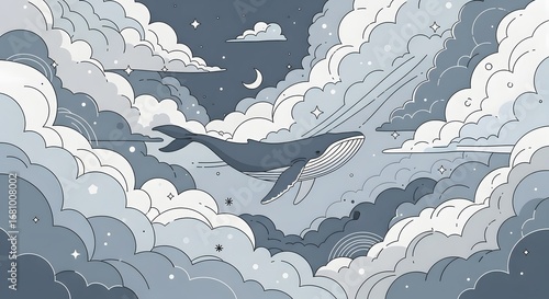 Dreamy Whale Soaring Through Cloudy Night Sky with Stars and Crescent Moon Illustration