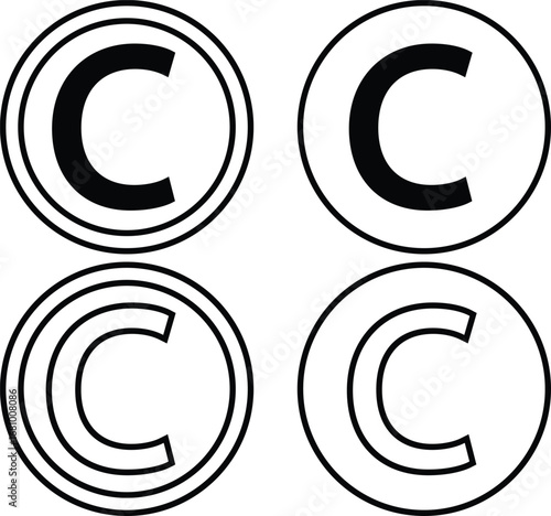 Copyright icon set collection group in black flat and line style, legal protection logo pack, trademark symbol bundle, intellectual property outline glyph assortment, creative rights design elements