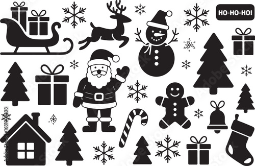 A collection of Christmas decorations featuring classic holiday elements such as ornaments, bells, stars, snowflakes, holly leaves, baubles, ribbons, and festive garlands