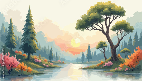 A serene landscape painting featuring a calm river flowing through a lush forest, with the sun setting behind distant mountains.