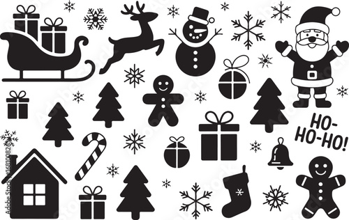 A collection of Christmas decorations featuring classic holiday elements such as ornaments, bells, stars, snowflakes, holly leaves, baubles, ribbons, and festive garlands