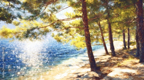 Sunny coastal pines, dappled light on sand