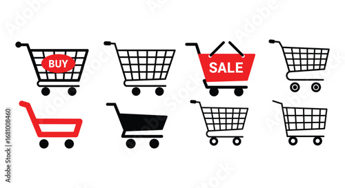 Collection of shopping carts with various designs and labels on white background