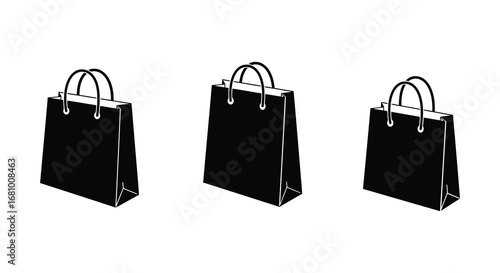 Three black shopping bags with handles on a white background