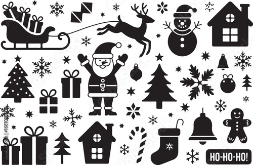 A collection of Christmas decorations featuring classic holiday elements such as ornaments, bells, stars, snowflakes, holly leaves, baubles, ribbons, and festive garlands