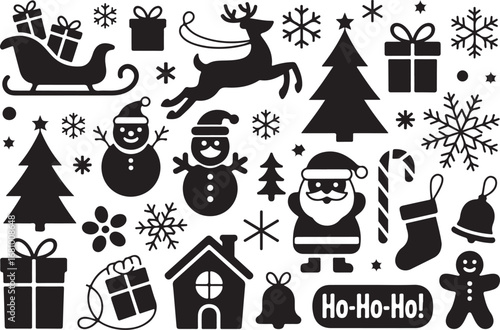 A collection of Christmas decorations featuring classic holiday elements such as ornaments, bells, stars, snowflakes, holly leaves, baubles, ribbons, and festive garlands