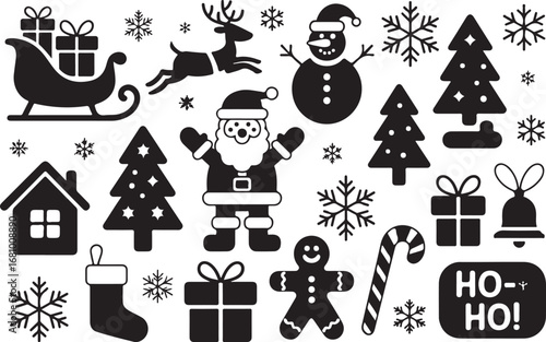 A collection of Christmas decorations featuring classic holiday elements such as ornaments, bells, stars, snowflakes, holly leaves, baubles, ribbons, and festive garlands