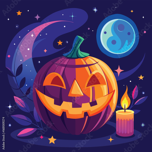 Mystical Halloween Pumpkin Night Sky, Yin Yang Moon, and Candlelight