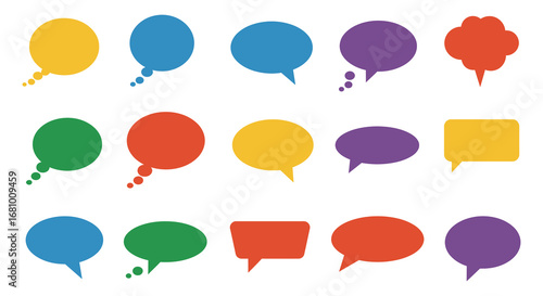 Colorful speech bubbles in various shapes and sizes on a white background