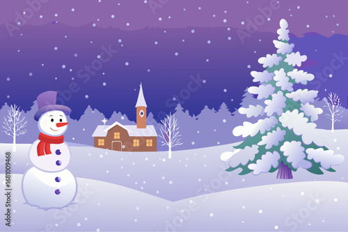 a snowman stands near a snowy pine tree by a church