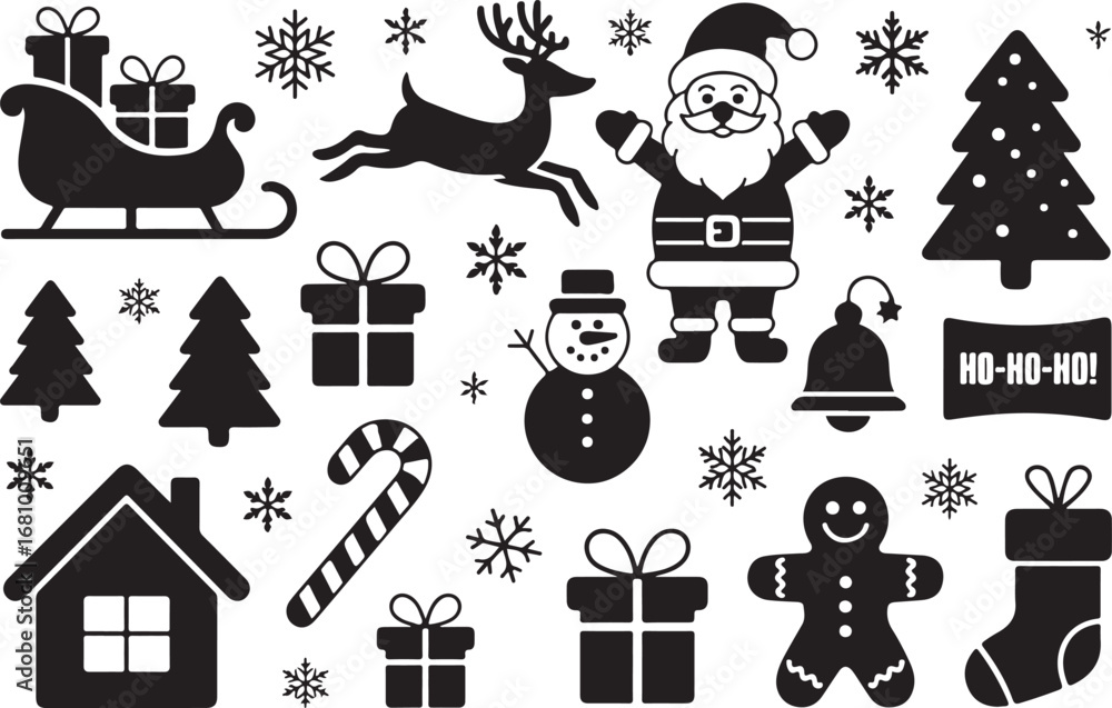 Fototapeta premium A collection of Christmas decorations featuring classic holiday elements such as ornaments, bells, stars, snowflakes, holly leaves, baubles, ribbons, and festive garlands