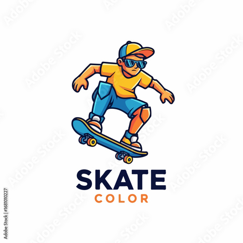 Snowboarder kid logo, Cartoon snowboarder kid jumping in a fun winter action scene, 