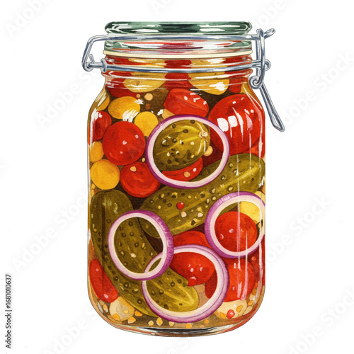 Mixed pickled vegetables in brine with red onion rings and gherkins, colorful jar of preserved food, watercolor kitchen art, rustic culinary design, fermentation and pantry inspiration