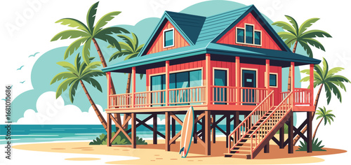 Vibrant tropical beach house on stilts with palm trees and a surfboard, perfect coastal vacation getaway illustration