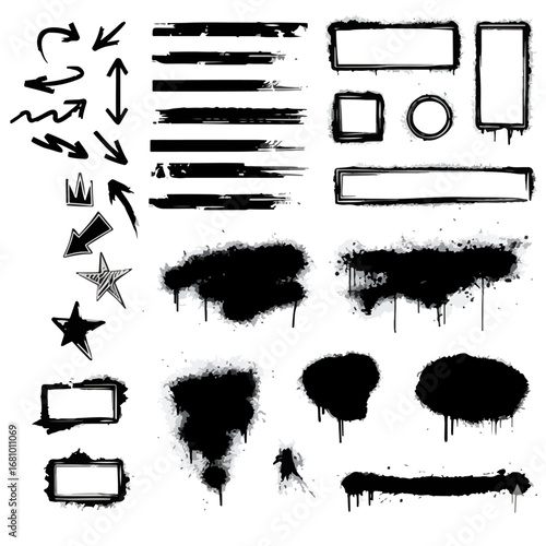 Decorative grunge set with brush lines, strokes, highlighters, graffiti spray stains, splatter marks, dirty texture, sketch, arrows and doodles. Callouts grunge with splashes. Vector graphic box