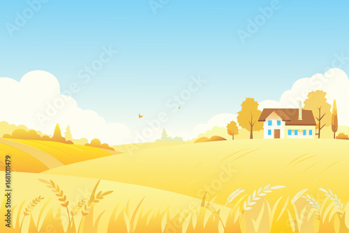 a quaint house nestled among golden fields under blue sky