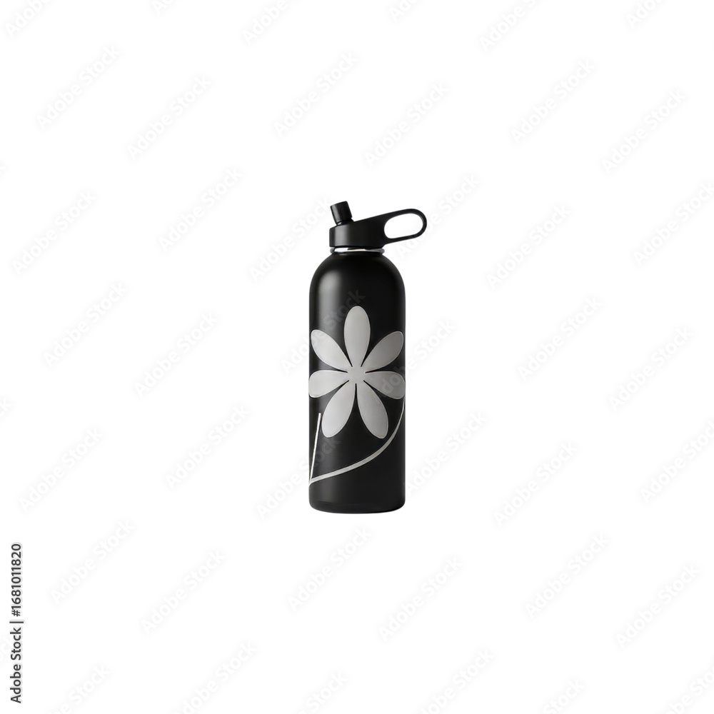 Obraz premium Black metal water bottle with flower design isolated on transparent background