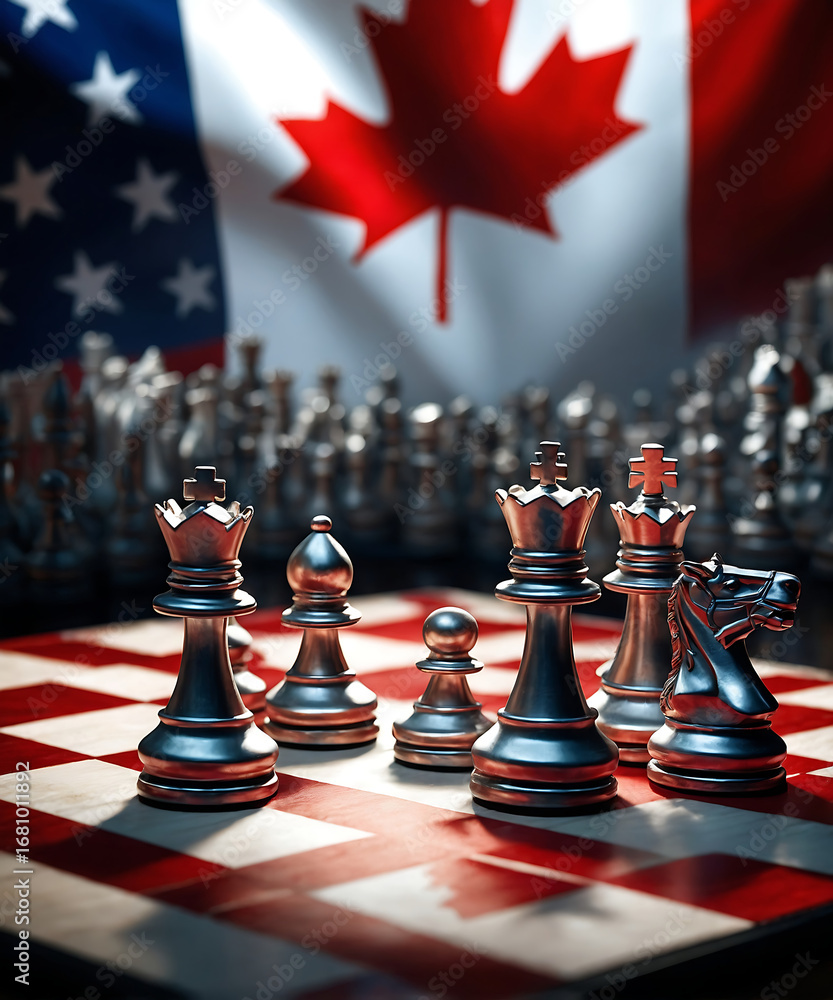 Naklejka premium Chess pieces on a board with american and canadian flags
