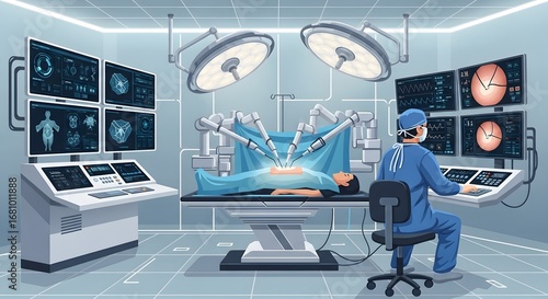 Advanced Robotic Surgery in Futuristic Operating Room: Surgeon Controls Automated Arms on Patient with High-Tech Medical Technology and Data Monito...