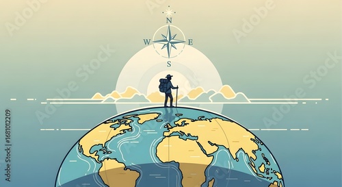 Global Adventure: Solo Backpacker with Compass Rose Standing on Earth, Symbolizing World Travel, Exploration, and Journey Concept Illustration