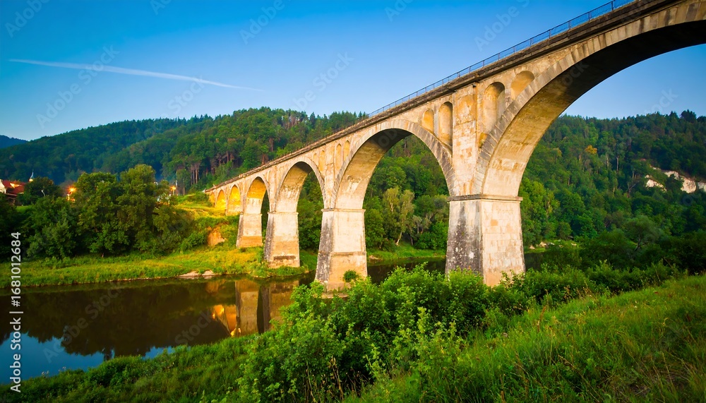 Fototapeta premium Stone arch bridge over river at dawn