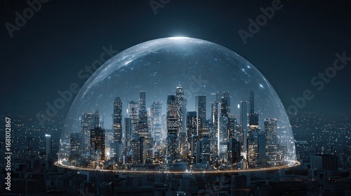 A virtual city shielded by a dome representing the NIS2 Directive and Cyber Resilience Act. This dome ensures the safety and security of the city, like an umbrella protecting it.