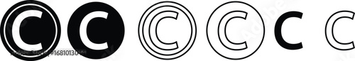 Copyright icon set collection group in black flat and line style, legal protection logo pack, trademark symbol bundle, intellectual property outline glyph assortment, creative rights design elements