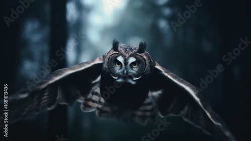 Owl in flight over forest