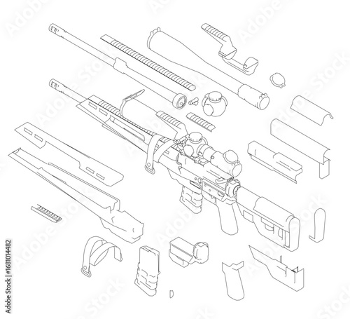 Modern sniper rifle contour drawing with labeled parts including scope, barrel, and stock.