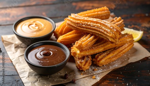 Crispy churros with two dips on parchment paper