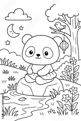 Adorable panda sitting on a rock in a peaceful nature scene coloring page