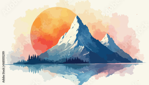 Watercolor painting depicts majestic snow-capped mountains with a vibrant sunset reflecting in the water.