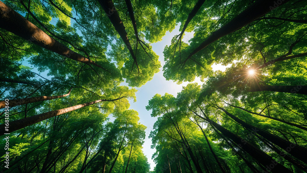 Obraz premium Natural forest with sun rays creating eco friendly environment backdrop