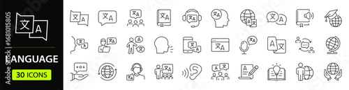 Language set of web icons in line style. Translation and communication linear icon collection. Containing translate, writing, speech, speaking, dictionary, text, language. Editable stroke