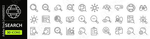 Search set of web icons in line style. Magnifying glass linear icon collection. Containing SEO, Digital marketing, data analysis, management, investigate, find and more. Editable stroke