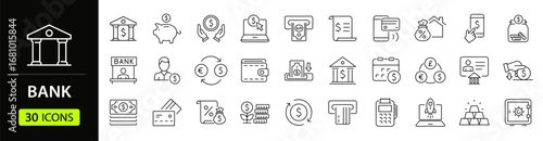 Bank set of web icons in line style. Finance and money linear icon collection. Containing payment, deposit, wallet , online banking, loan, ATM, investment, exchange. Editable stroke