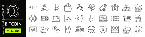 Cryptocurrency set of web icons in line style. Bitcoin linear icon collection. Containing crypto currency, money, blockchain technology, mining, exchange, payment and more. Editable stroke
