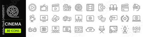 Cinema set of web icons in line style. Movie and Film linear icon collection. Containing video, movie theater, 3d, vr, popcorn, ticket, director, soundtrack and more. Editable stroke