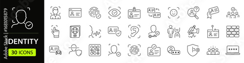 Identity set of web icons in line style. Authentication linear icons collection. Containing  identification, passport, biometric, ID card, fingerprint, DNA. Editable stroke