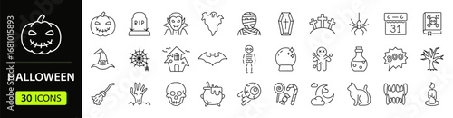 Halloween set of web icons in line style. Halloween event linear icon collection. Containing celebration 31 october, pumpkin, ghost, skull, candy, vampire, bat, and more. Editable stroke