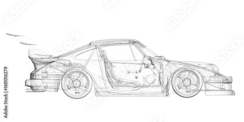 Sport car wireframe model with sleek lines, detailed curves on a clean white background. Side view. Vector illustration