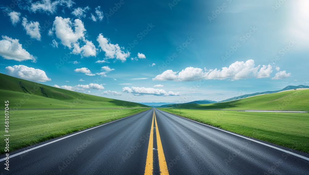 Fototapeta premium Long asphalt road through green grass field under blue sky, travel and freedom concept