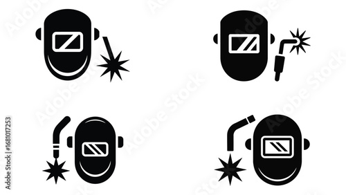 Welder mask icon set with protective helmet and sparks
