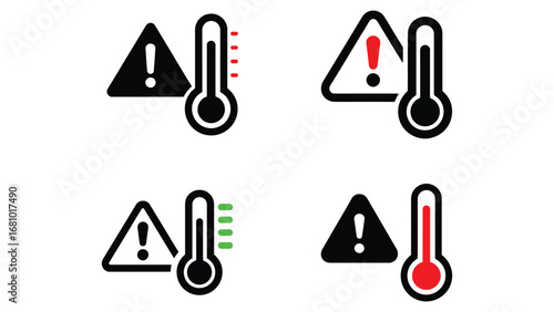 Temperature warning icon set with thermometer and alert symbol
