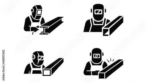 Welding worker icon set with protective mask and metal beam
