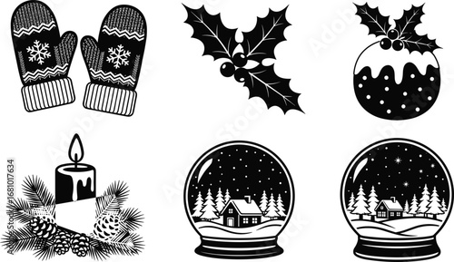 Winter, holiday, mittens, holly, pudding, candle, pine, snow globe, snowflake, festive, Christmas, seasonal, decoration, cozy, vector, black, white, silhouette, celebration, graphic, set
