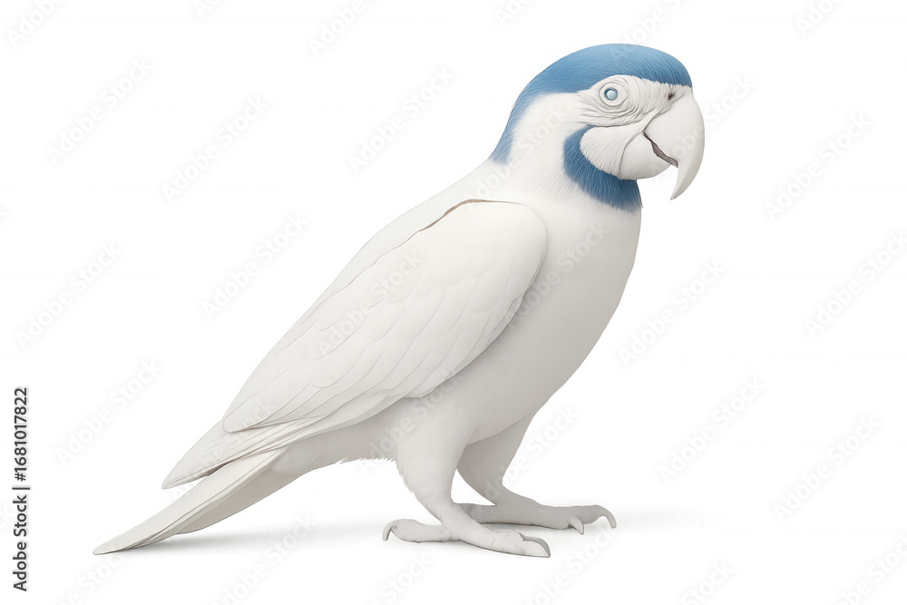 Fototapeta premium Realistic 3d rendering depicting white parrot with vibrant blue head perching elegantly on transparent surface