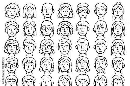 Diverse cartoon faces: expressive line art of mixed genders and ages