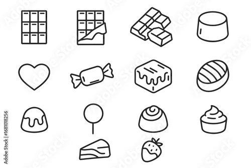 Chocolate and candy line icons set: bars, sweets, desserts, and more